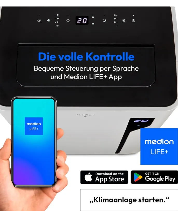 MEDION Smarte Mobile Klimaanlage mit Abluftschlauch