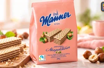 Manner Neapolitaner Waffeln in rosa Verpackung neben Holztablett mit Waffeln und Haselnüssen