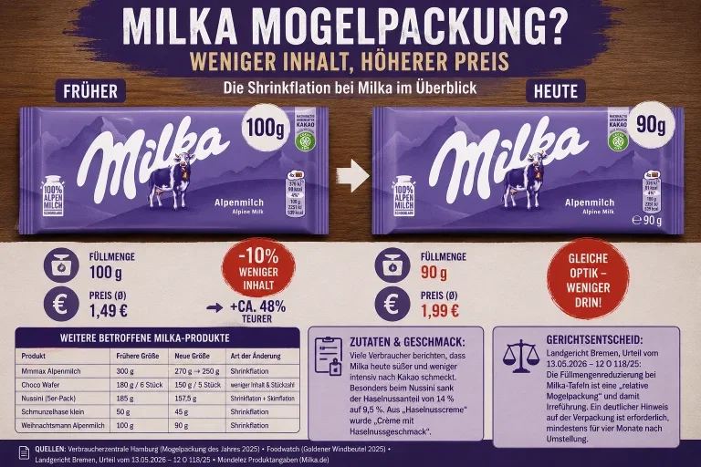 Milka Mogelpackung: welche Produkte betroffen sind, was Shrinkflation bedeutet und was Gerichte dazu sagen
