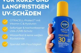 Ein Hand hält eine blaue Sonnencreme-Flasche mit gelbem Deckel vor blauem Hintergrund