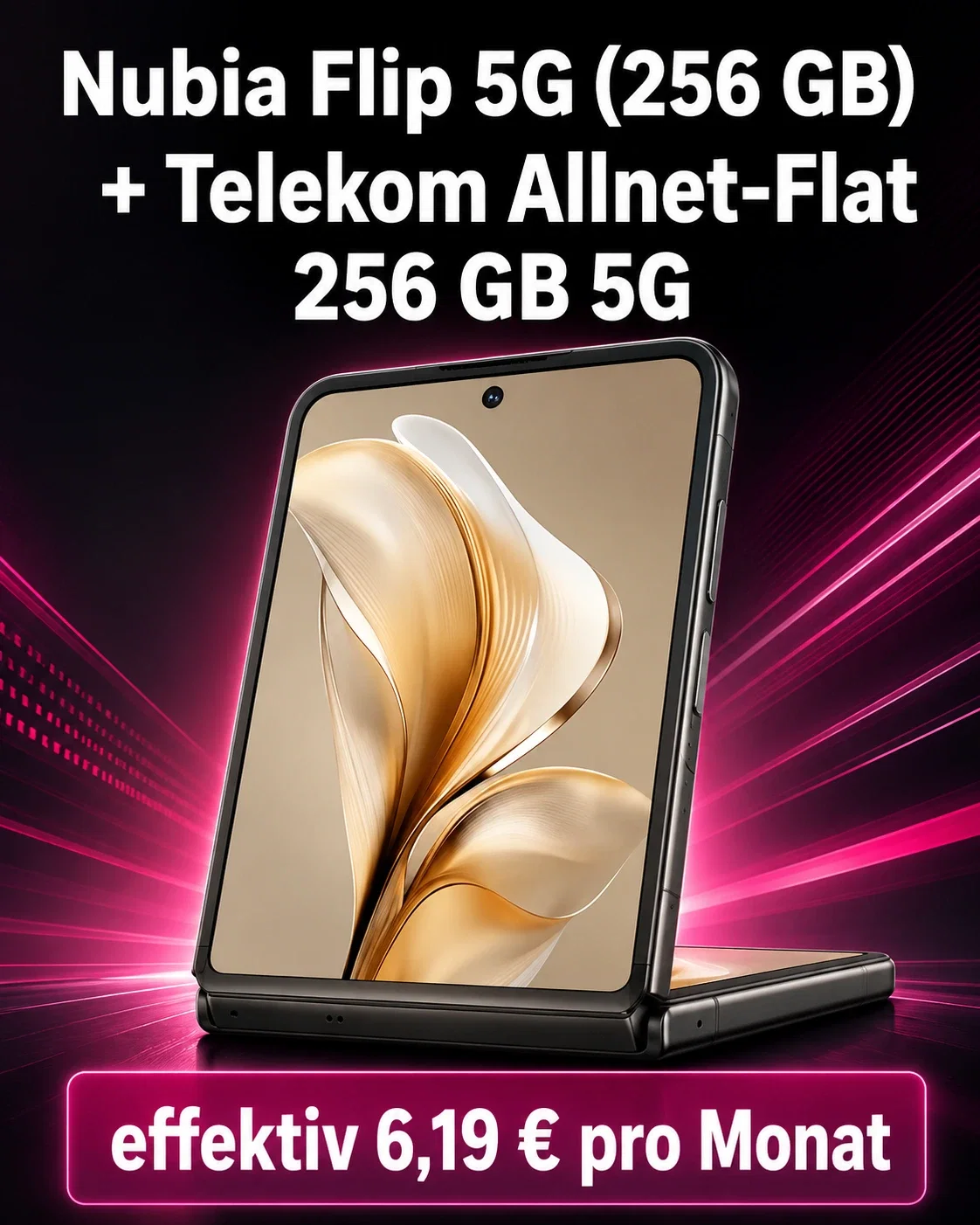 Gomibo: Nubia Flip 5G (256 GB) + Telekom Allnet-Flat 256 GB 5G für 24,95 € / Monat + 5,95 € einmalig