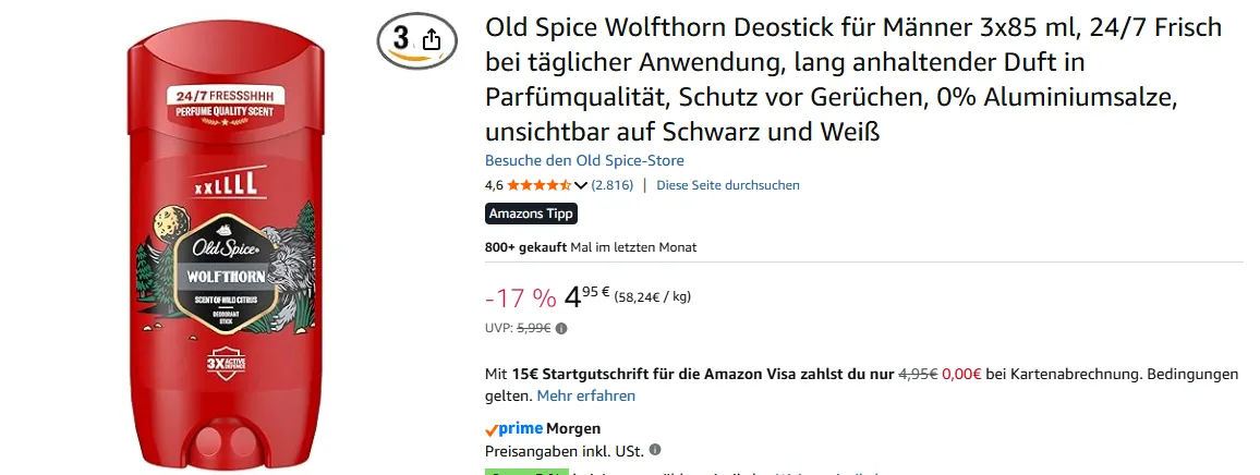 Old Spice Wolfthorn Deostick fuer Maenner 3x85 ml 24 7 Frisch