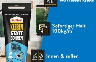 Pattex Montagekleber Tube mit Badhintergrund und Icons für Wasserrresistenz, Halt und Anwendungsbereich