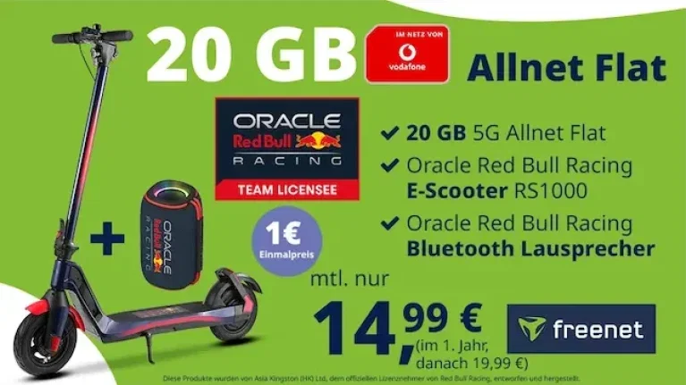 Freenet-Angebot: E-Scooter RS1000 und Bluetooth-Lautsprecher von Oracle Red Bull Racing mit 20 GB 5G Allnet Flat.