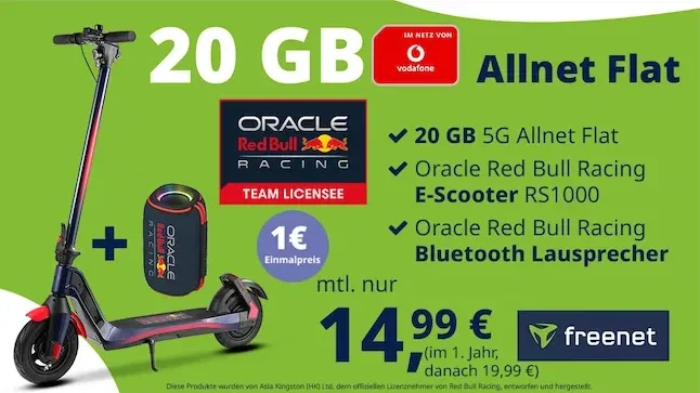 Red Bull Racing E-Scooter & Lautsprecher für 1€ + Vodafone Allnet 20GB für 14,99€ mtl.