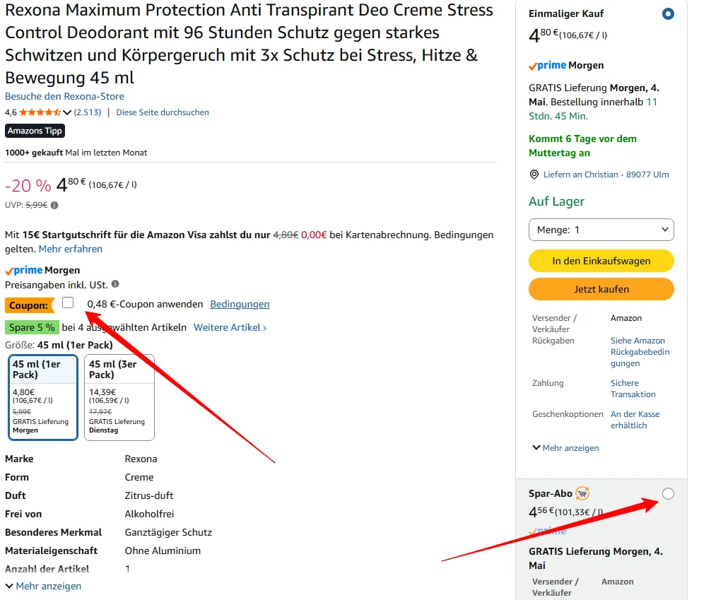 Rexona Maximum Protection Anti Transpirant Deo Creme Amazon Produktseite mit Coupon und Spar-Abo Rabatt am Beispiel Rexona Deo
