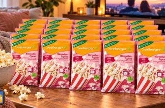 24 Packungen Seeberger Mikrowellen-Popcorn in rosa und orange auf einem Holztisch neben einer Schüssel Popcorn.