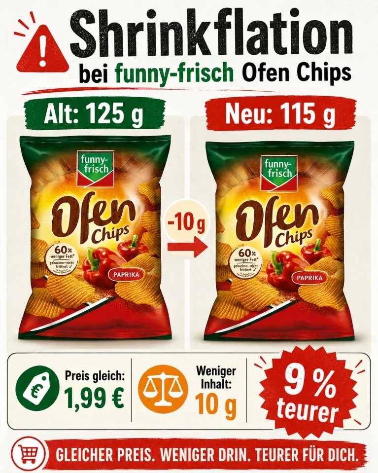 Shrinkflation bei funny‑frisch Ofen Chips: Wie versteckte Preiserhöhungen im Supermarkt funktionieren