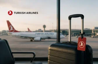 Turkish Airlines Flugzeug im Hintergrund mit einem Koffer im Vordergrund