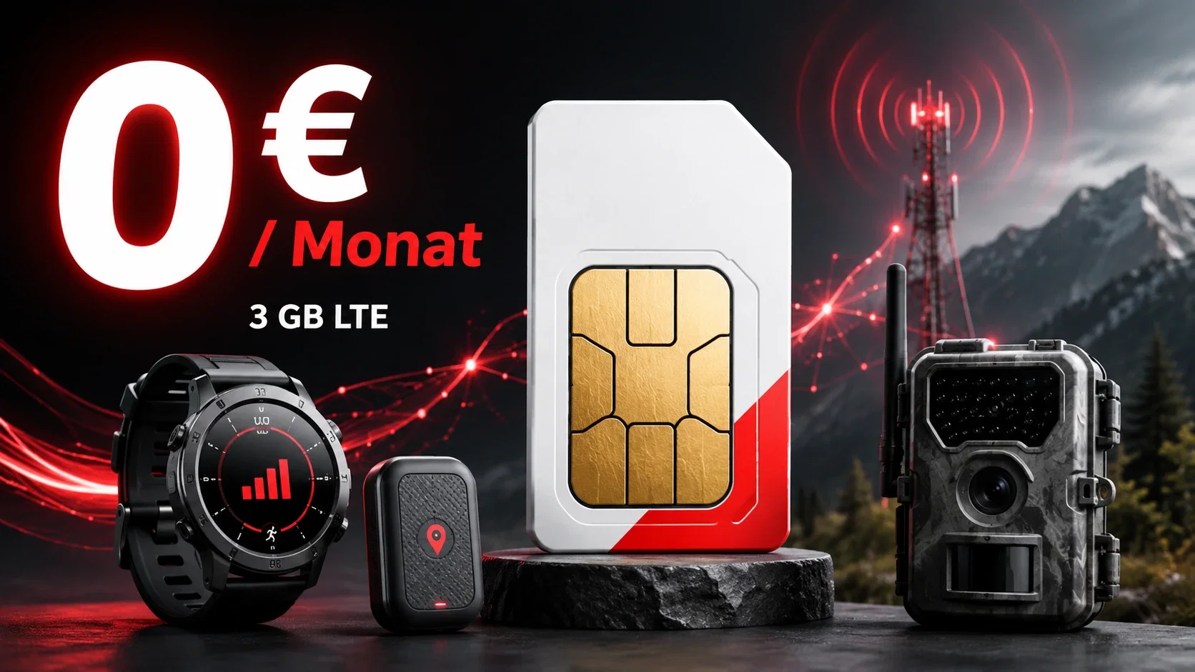 Vodafone Smart Tech M Tarif fuer 0 Euro im Monat mit 3 GB LTE SIM-Karte mit Smartwatch, GPS-Tracker und Wildkamera als Dealbild für den Vodafone Smart Tech M Tarif für 0 Euro im Monat