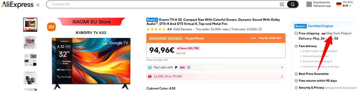 Xiaomi TV A 32 Compact Size With Colorful Screen Dynamic Sound With Dolby Audio™ DTS X And DTS Virtual X Top end Metal Fini AliExpress 6 20 05 2026 07 46 Beispiel für den Versand aus einem EU Land bei Aliexpress