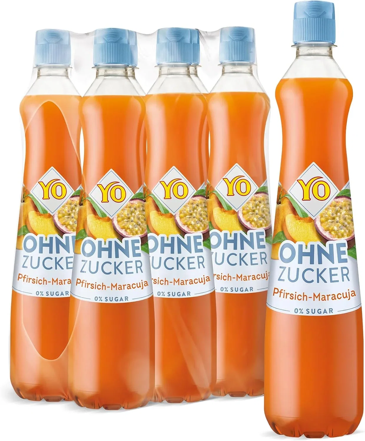 YO Sirup Pfirsich Maracuja – ohne Zucker nur 2 Kalorien in Fertiggetraenk vegan – 1x Flasche ergibt bis zu Fertiggetraenk 6er Pack