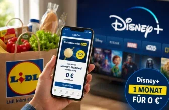 Lidl-Einkauf mit Smartphone und Streaming-App als Symbol für den Disney+-Vorteil über Lidl Plus