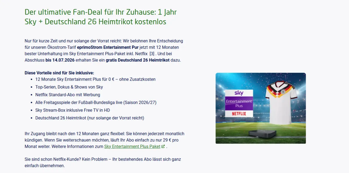 eprimo Stromtarif mit Sky, Netflix und gratis Deutschland-Trikot gestartet