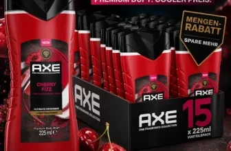 Ein 15er Pack AXE Duschgel Cherry Fizz mit roten Flaschen und schwarzen Kappen, daneben ein einzelnes Duschgel und einige Kirschen.