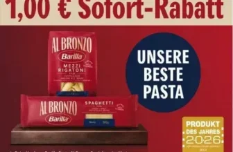 Ein Bild mit zwei Packungen Barilla Al Bronzo Nudeln auf einem Holztisch vor rotem Hintergrund. Oben ist in roter Schrift auf beige 1,00 € Sofort-Rabatt zu lesen.