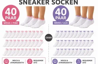 Ein Bild mit zwei Paaren Füßen, die weiße Socken mit rosa bzw. lila Absätzen tragen. Im Hintergrund sind viele Reihen von Socken in rosa und lila dargestellt.