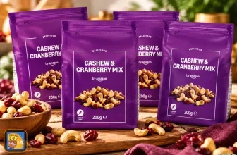 Vier lila Beutel Cashew & Cranberry Mix von Amazon auf einem Holzbrett mit Nuss-Schale