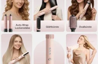 Ein rosa 6-in-1 Hairstyler Set mit verschiedenen Aufsätzen, einer Hand mit einem rosa und schwarzen Handschuh und einer Frau mit langen braunen Haaren.