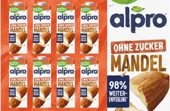 Ein orangefarbenes 8er Pack von Alpro Mandeldrink Ohne Zucker mit 8 Kartons und ein einzelner Karton rechts daneben, beide mit Mandelbildern und Produktinformationen.