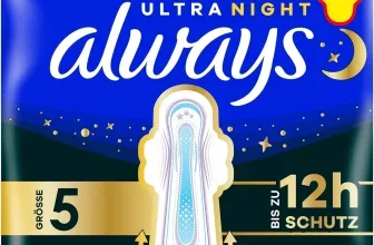 Verpackung der Always Ultra Damenbinden Starke Periode (Größe 5) mit 20 Stück, blaue und goldene Verpackung mit Mond und Sternen