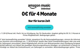 Amazon Music Unlimited-Angebot mit 0 Euro für 4 Monate und Anmelde-Button