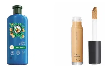 Ein Bild zeigt verschiedene Beauty-Produkte wie Shampoo, Arganöl-Shampoo, Concealer und Eyeliner auf weißem Hintergrund.