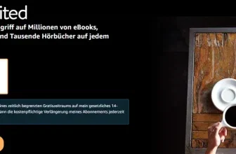 Kindle Unlimited Deal-Seite mit 0 Euro für 3 Monate, Button zum Testen und Foto einer Person mit E-Reader am Tisch.