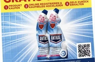 Ein Werbeprospekt für die Antikal WC Gel Geld-zurück-Aktion mit zwei Flaschen Antikal WC Gel im Vordergrund.