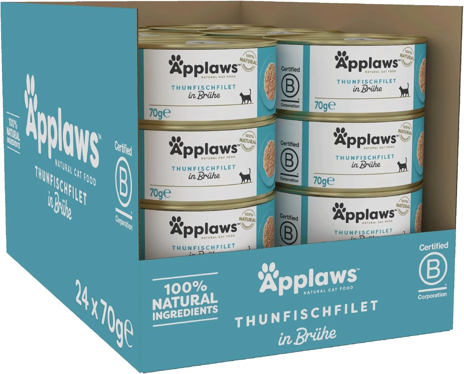 Applaws 100 Natural Thunfischfilet Nassfutter in Bruehe fuer ausgewachsene Katzen Dosen 24er Pack