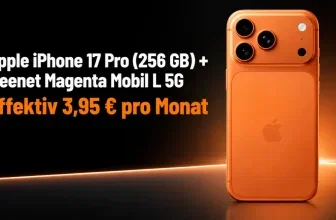 Ein orangefarbenes Apple iPhone 17 Pro mit drei Kameras und Apple-Logo