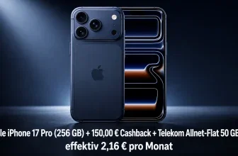 Ein dunkelblaues Apple iPhone 17 Pro mit drei Kameras und einem Apple-Logo auf der Rückseite, daneben ein Display mit blauem Licht.