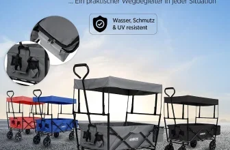 Ein faltbarer Bollerwagen mit Dach in verschiedenen Farben