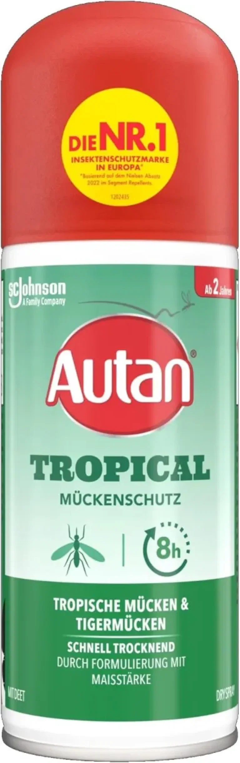 Ein Insektenschutz-Spray mit rotem Deckel und grün-weißer Verpackung