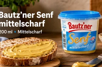 Ein Glas Bautz'ner Senf mittelscharf neben einem Brot mit Senf auf einem Holztisch.
