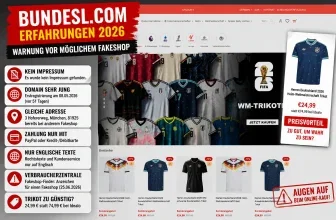 Ein Screenshot der Website bundesl.com mit einer Warnung vor möglichen Fakeshop und mehreren Warnsignalen.