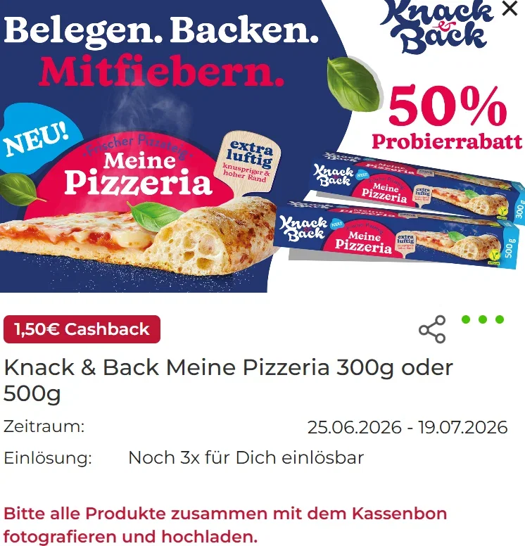 Knack & Back Meine Pizzeria Cashback – bis zu 4,50 € für drei Packungen zurück