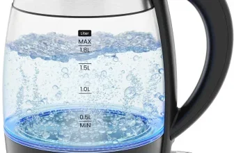 Ein schwarzer Wasserkocher mit Glasbehälter und blauen Wasserständen