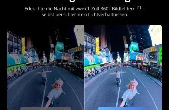 Ein Vergleichsbild von zwei Aufnahmen einer 360-Kamera in schlechter Beleuchtung, einmal ohne und einmal mit SuperNight-Modus.