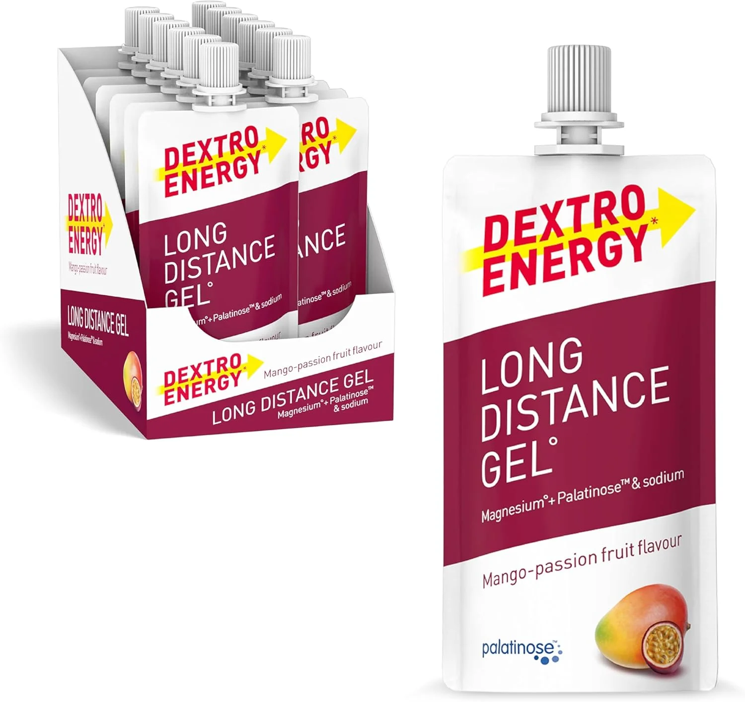 Dextro Energy Long Distance Gel Mango Passionfruit Magnesium und Natrium High Carb Energy Gel mit Palatinose und Elektrolyte 12er Pack