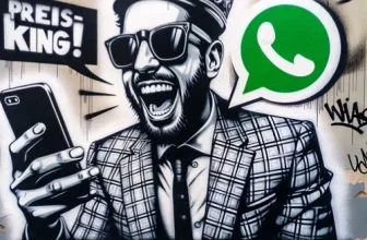 Ein stilisiertes Bild eines Mannes mit Krone, Sonnenbrille und Plaidjacke, der ein Smartphone hält und neben ihm ein WhatsApp-Logo.