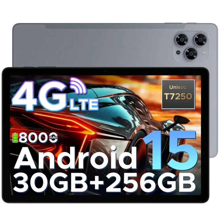Ein Tablet mit einem Display, das eine Werbung für das Doogee Tab G6 zeigt, mit einem Sportwagen im Hintergrund und Angaben zu den Spezifikationen des Tablets.