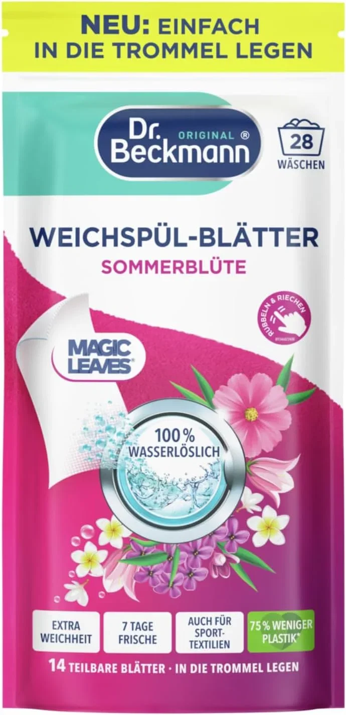 Dr. Beckmann Weichspül-Blätter Sommerblüte – (14 Blätter Ultra-kompakt 0 % Rückstände)
