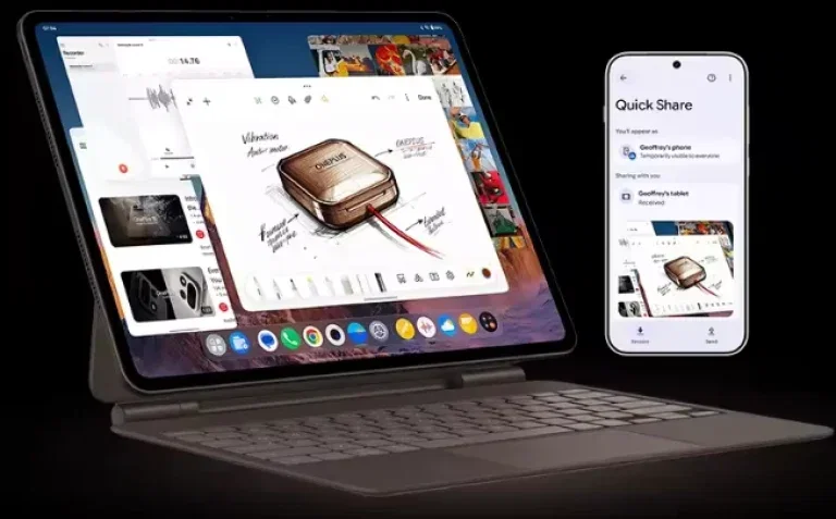 Ein Tablet mit einem stylischen Design und einem stylischen Smartphone nebenan