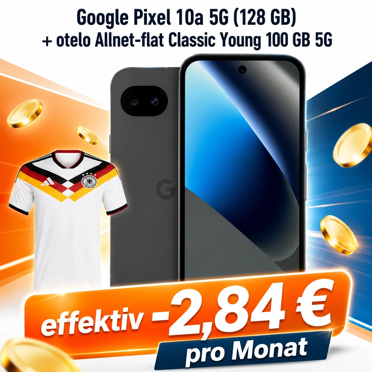 Logitel: Google Pixel 10a 5G (128 GB) + adidas Deutschland Heimtrikot 2026 + otelo Allnet-flat Classic Young 100 GB 5G für 19,99 € / Monat + 1,00 € einmalig