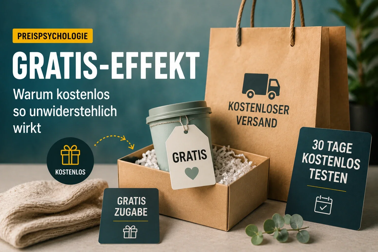 Ein Bild mit einem braunen Papierbeutel, einer Schachtel mit einem grünen Becher und einem Gratis-Schild, daneben ein grüner Hintergrund mit Texten über den Gratis-Effekt.