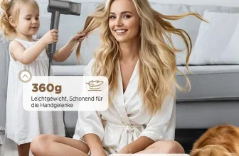 Eine blonde Frau sitzt auf einem Teppich mit einem Hund neben sich, während ein kleines Mädchen mit einem Föhn ihre Haare föhnt.