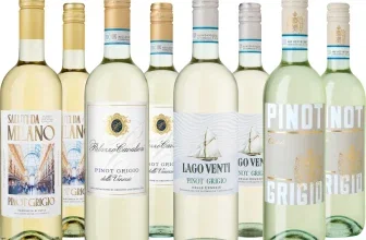 Ein Probierpaket mit 8 Flaschen Pinot Grigio, aufgeteilt in 4 Packungen mit je 2 Flaschen, vor einem weißen Hintergrund.