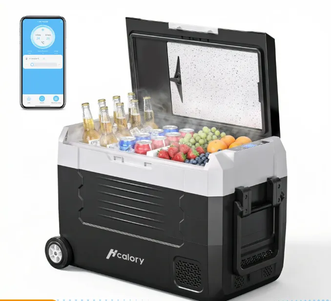 Hcalory d35m d45m d55m dual zone car refrigerator with wheels 35 45 55l compressor fridge freezer 12v 24v 220 240v portable cooler Hcalory Dual-Zonen Auto-Kühlschrank mit Rollen und Kompressor-Kühlung für Camping