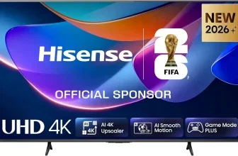 Ein großer, schwarzer Fernseher mit farbigem Hintergrund und weißer Schrift